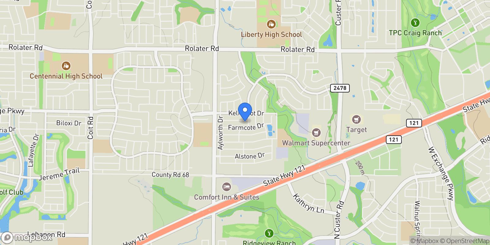 Map showing 14845 Pensham Drive, Frisco, TX 75035, Frisco, Texas, United States.