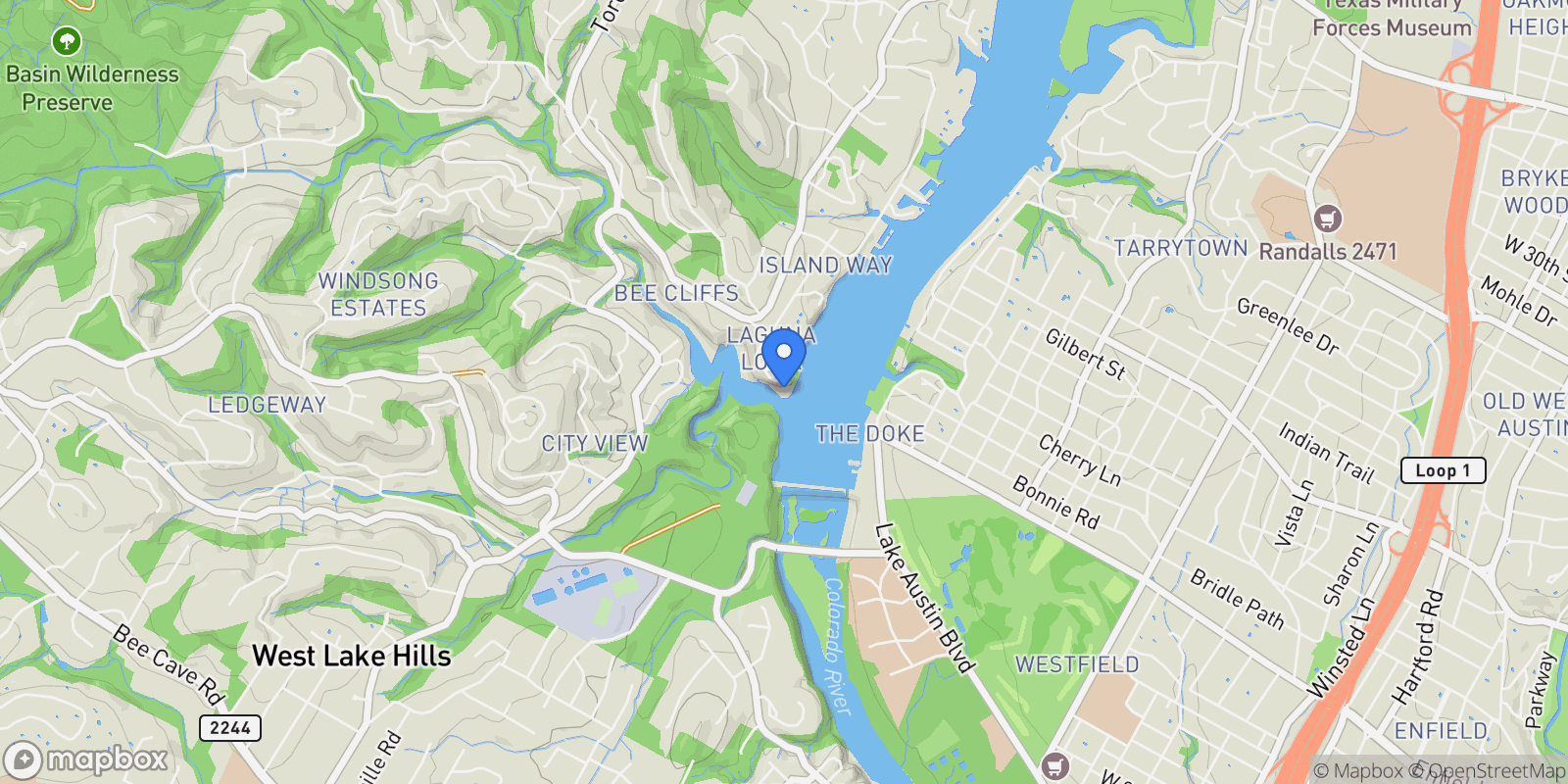 Map showing 1700 Lakeshore Drive, Austin, TX 78746, Austin, Texas, United States.
