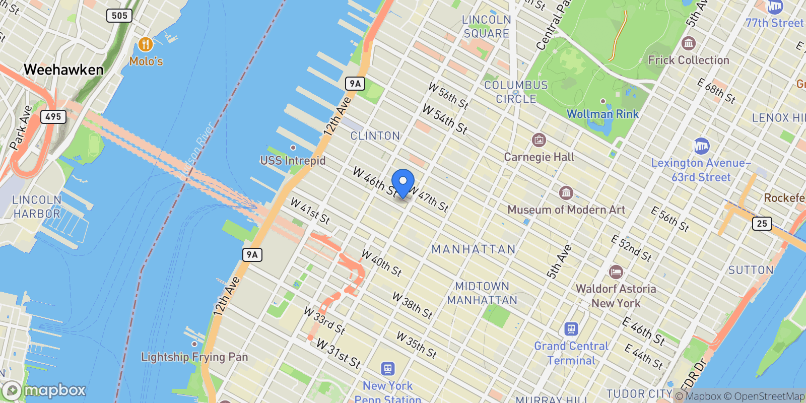 Map showing 406 West 46th Street 3B, New York, NY 10036, New York, New York, United States.