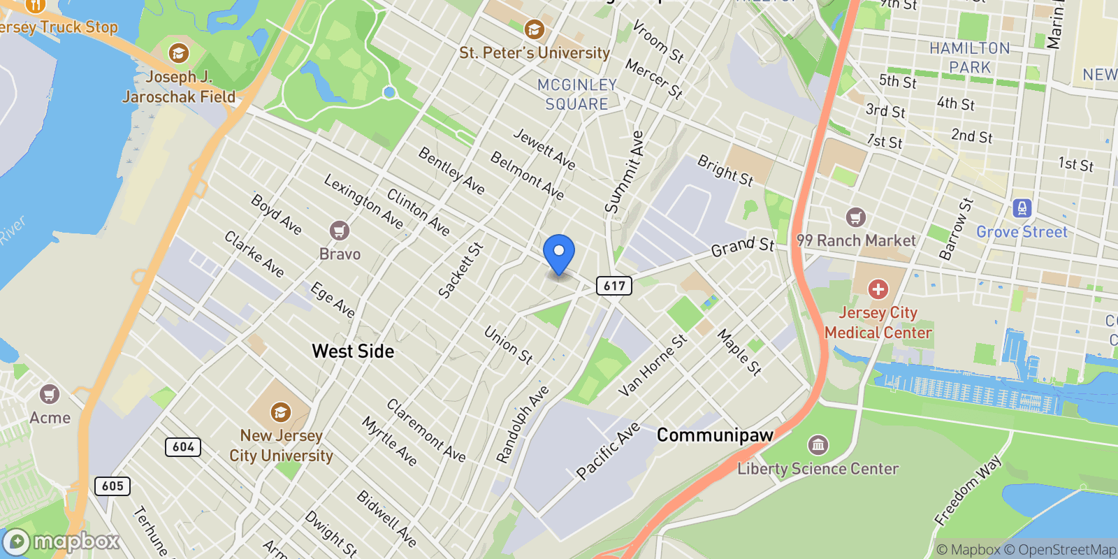 Map showing 88 Harmon St , Jc, Bergen-lafayett, NJ 07304, Jersey City, New Jersey, United States.