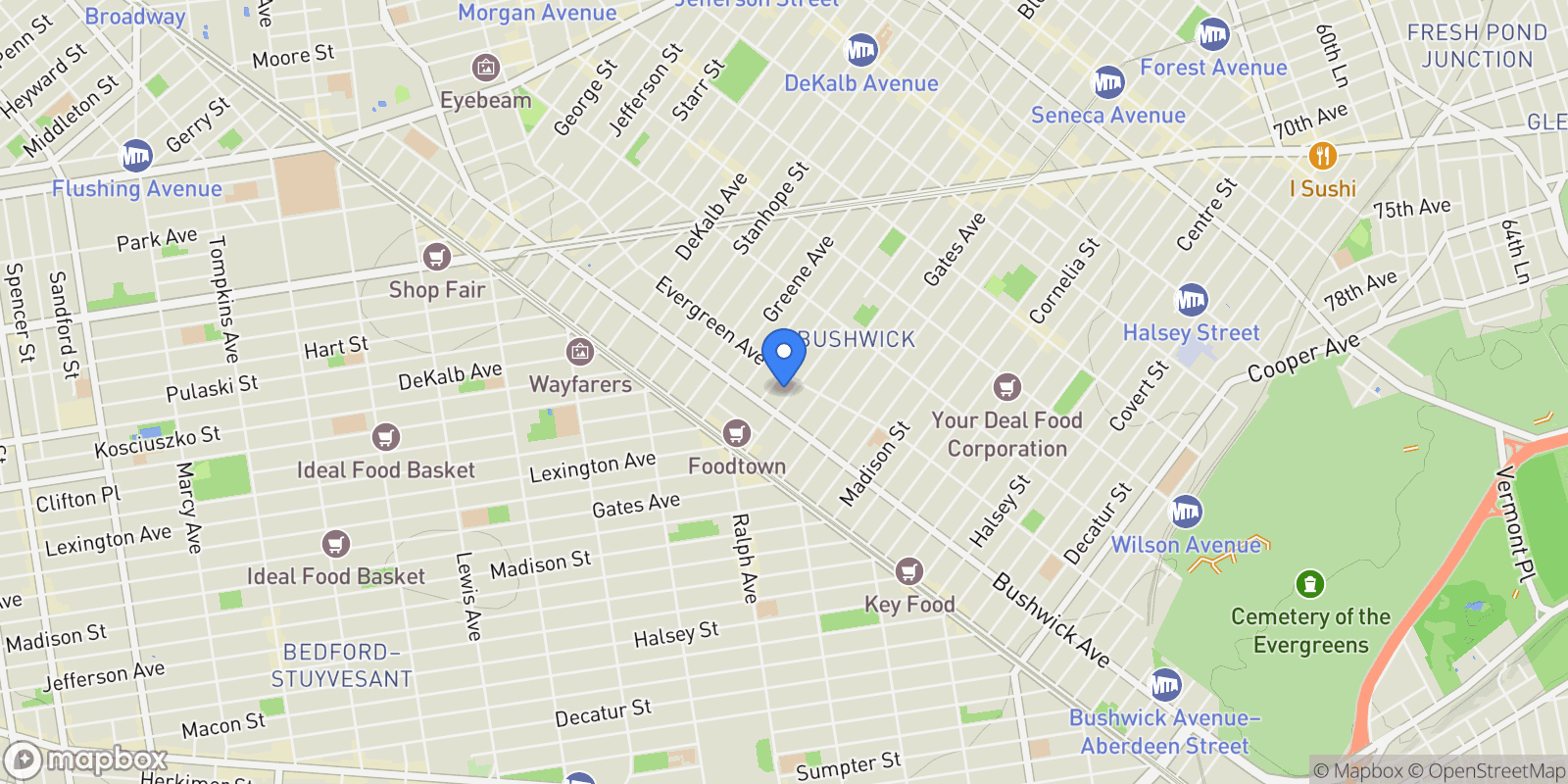 Map showing 69 Grove Street, Brooklyn, NY 11221, New York, New York, United States.
