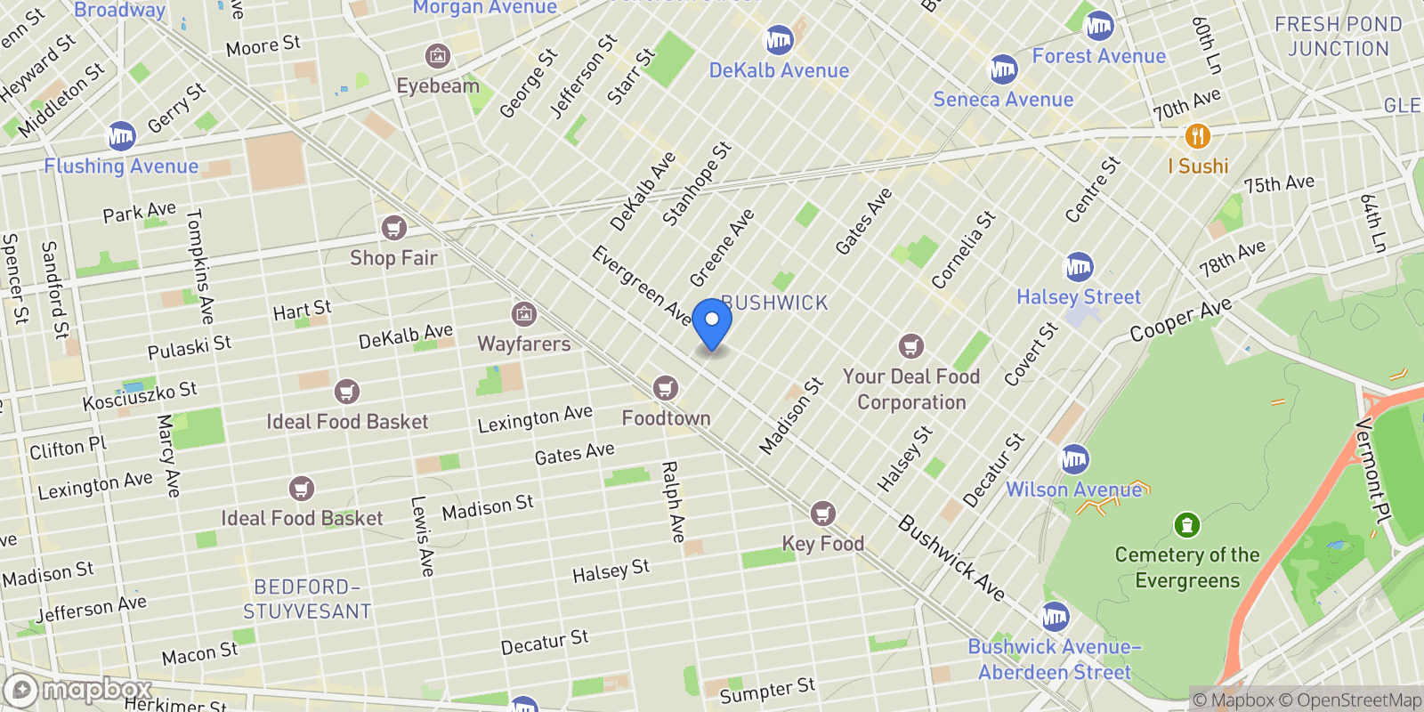 Map showing 67 Grove Street, Brooklyn, NY 11221, New York, New York, United States.