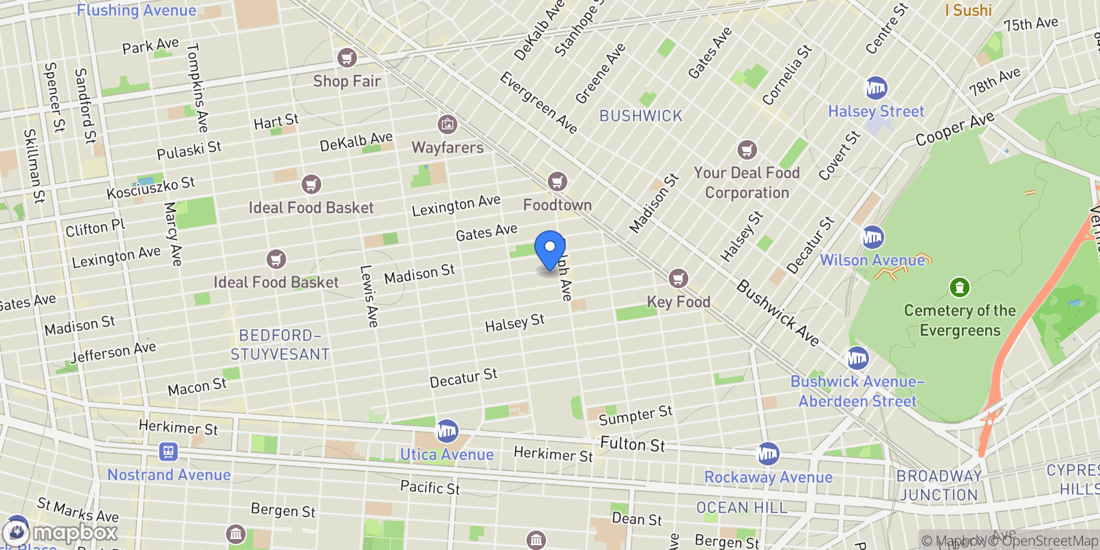 Map showing 942 Putnam Avenue, Brooklyn, NY 11221, New York, New York, United States.