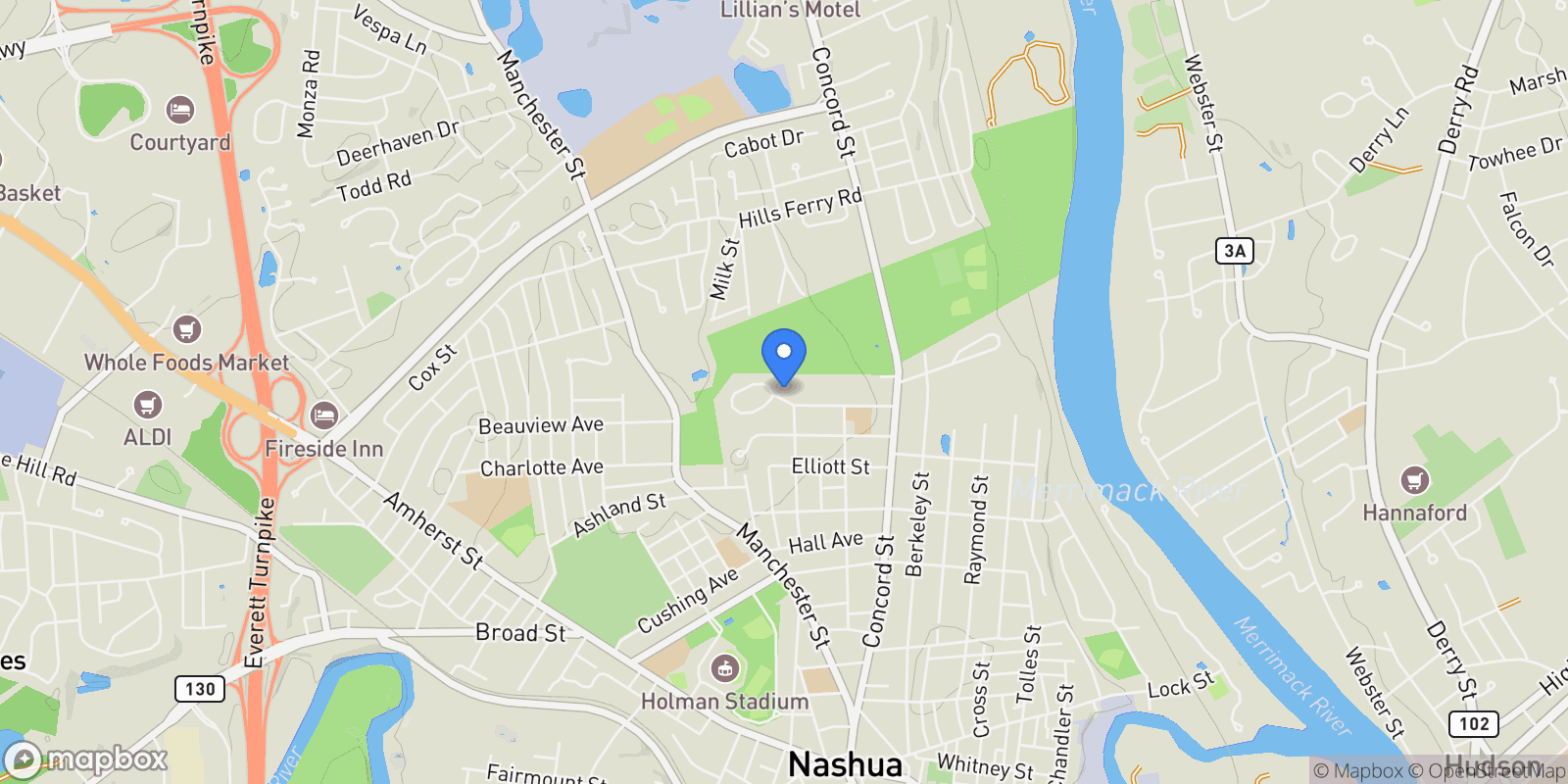 Map showing 19 Bartlett Ave., Nashua, NH 03064, Nashua, New Hampshire, United States.