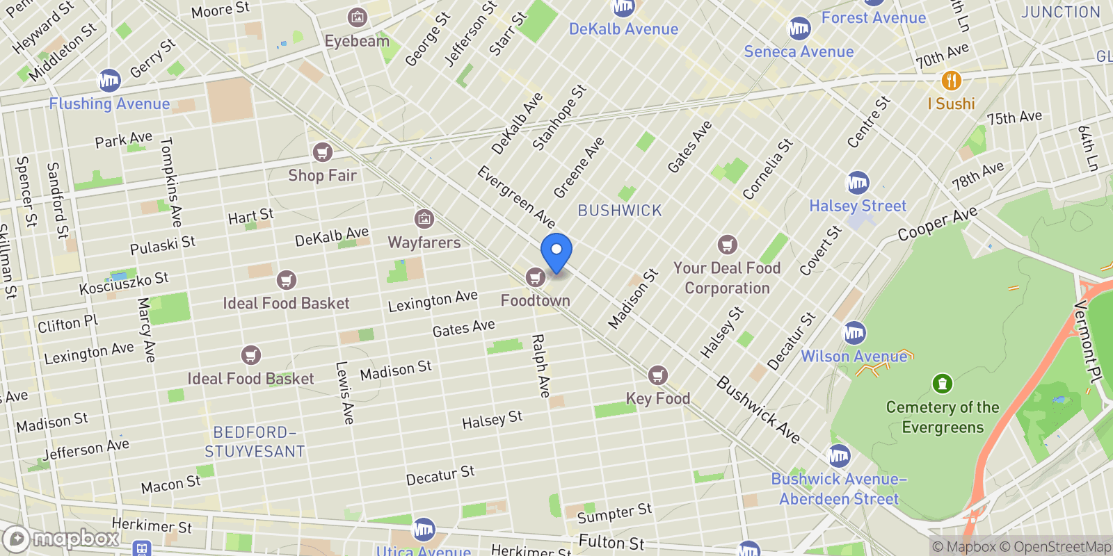 Map showing 38 Grove Street, Brooklyn, NY 11221, New York, New York, United States.