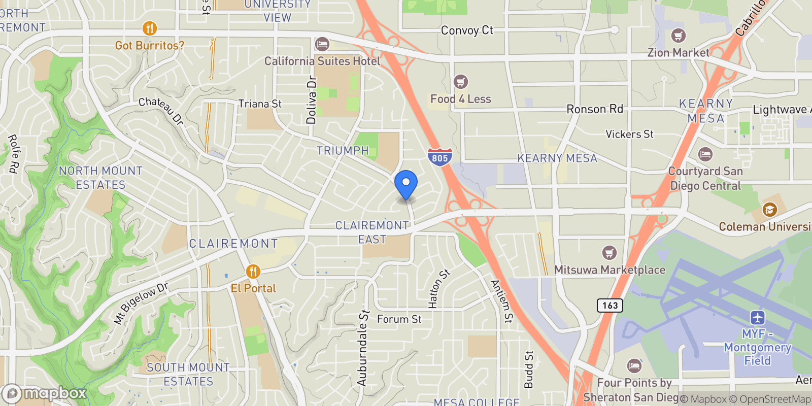 Map showing 4410 Charger Boulevard, San Diego, CA 92117, San Diego, California, United States.