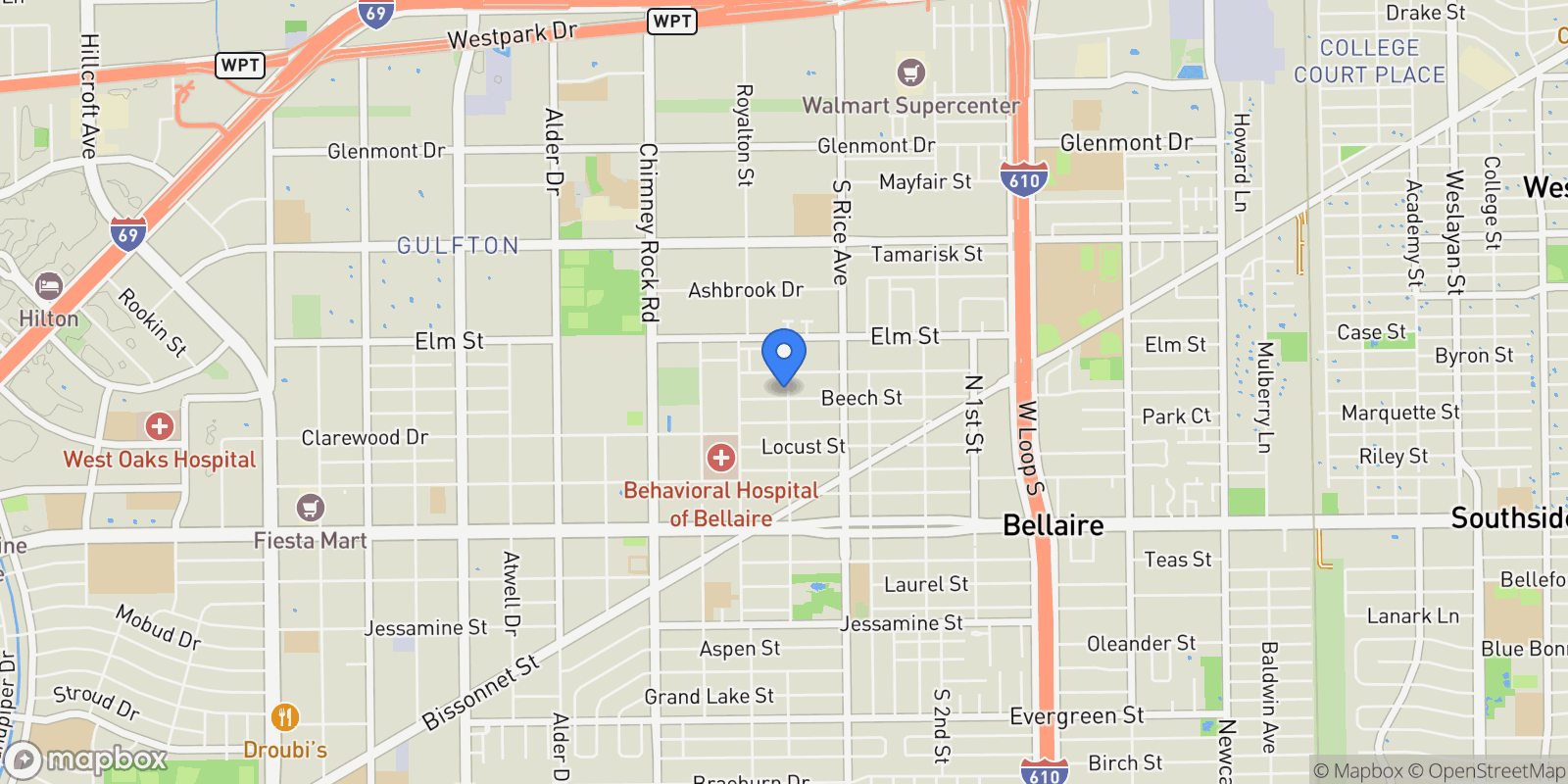 Map showing 5200 Beech Street, Bellaire, Texas, United States.