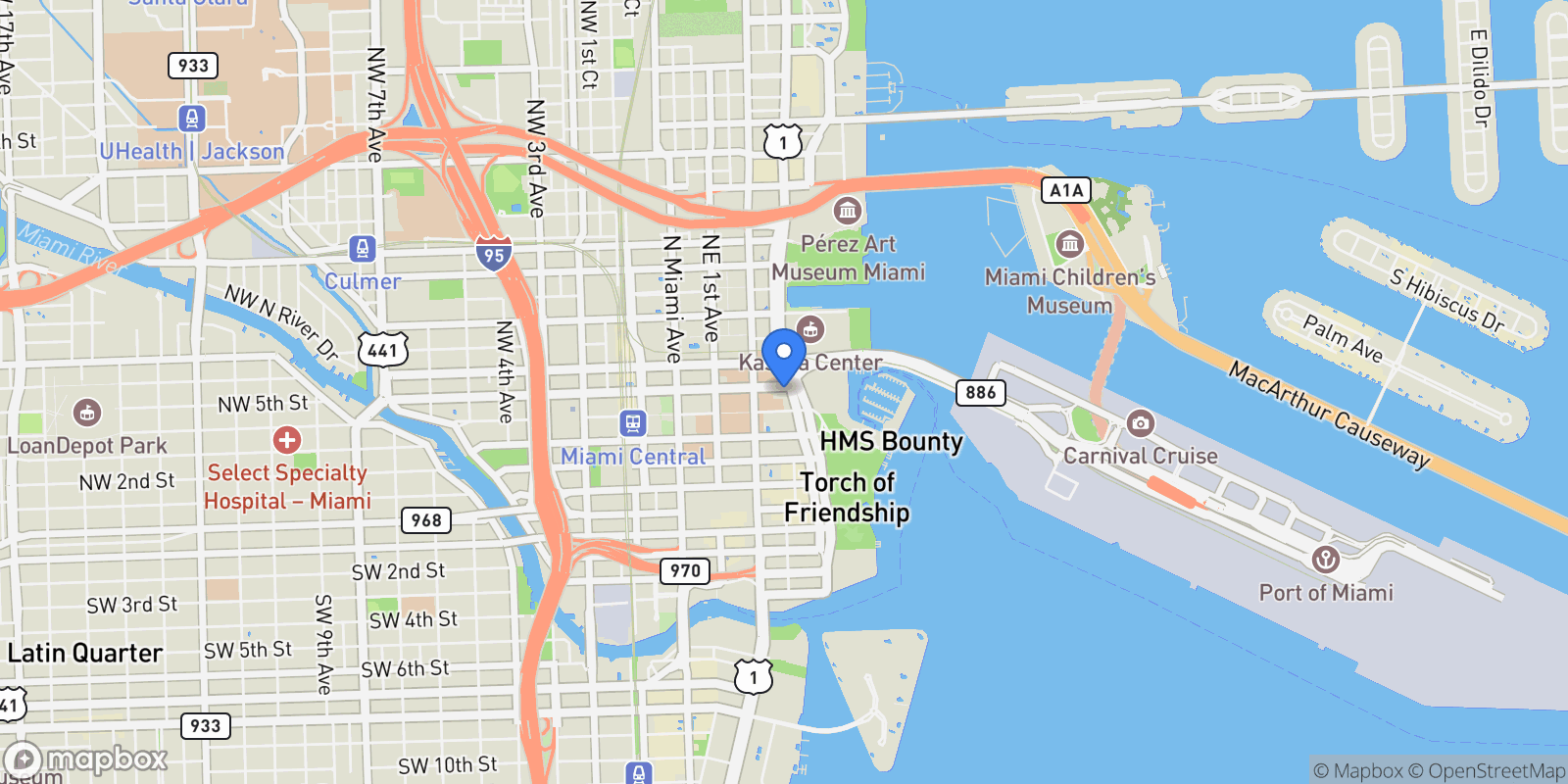 Map showing 398 NE 5th St, Miami, FL 33132, Miami, Florida, United States.