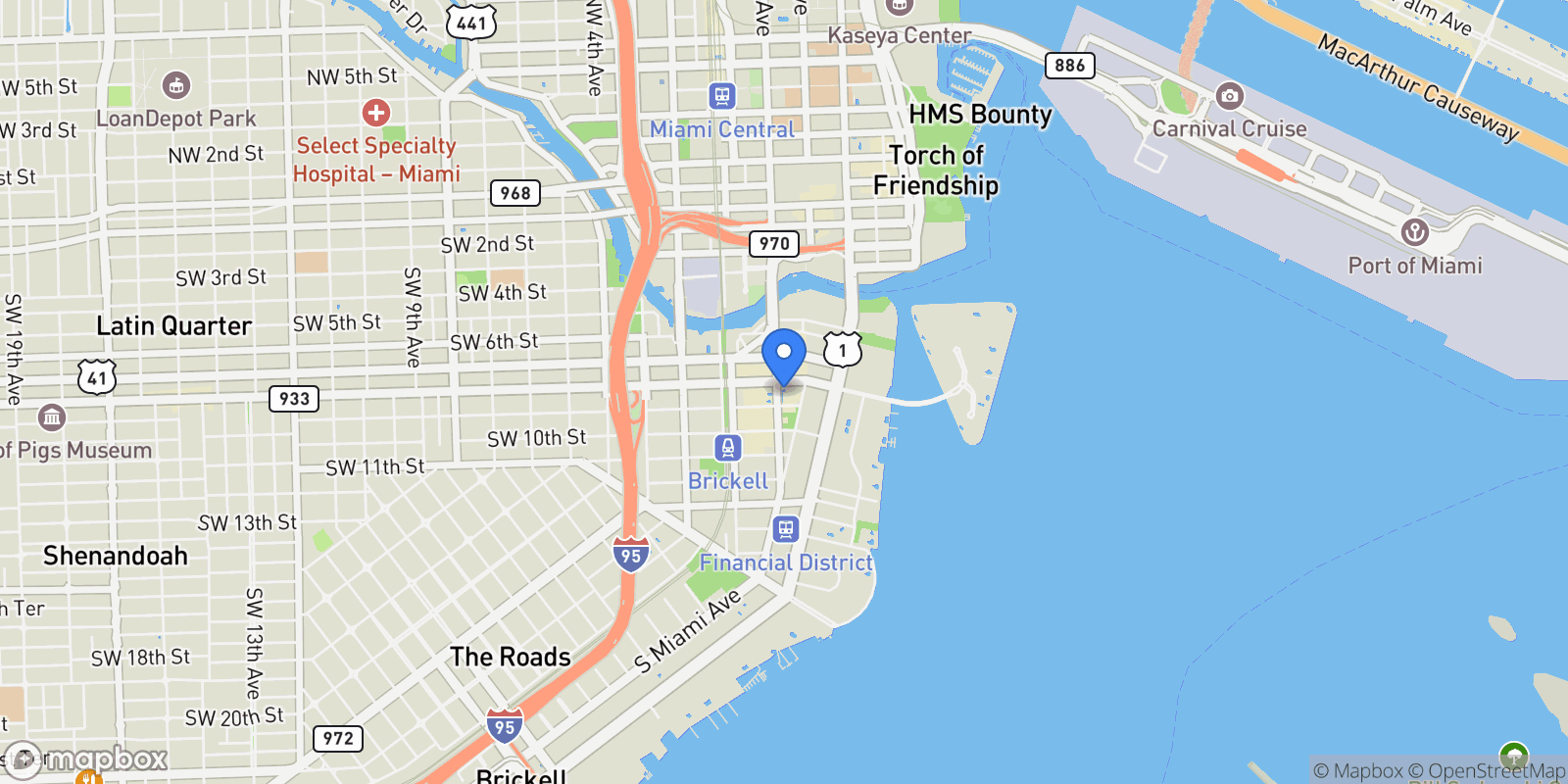 Map showing 801 S Miami Ave, Miami, FL 33130, Miami, Florida, United States.
