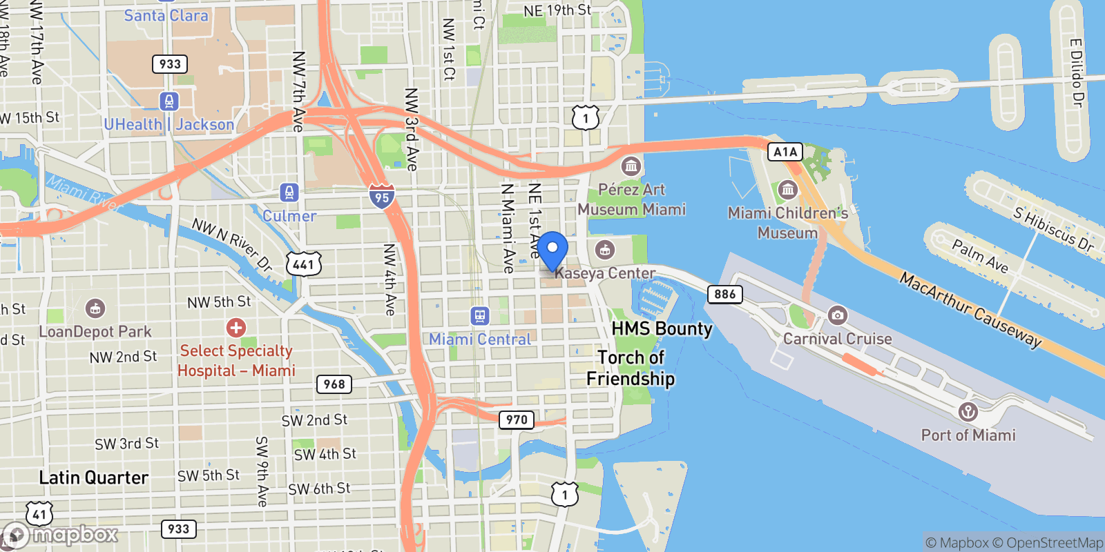 Map showing 601 NE 1, Miami, FL 33132, Miami, Florida, United States.
