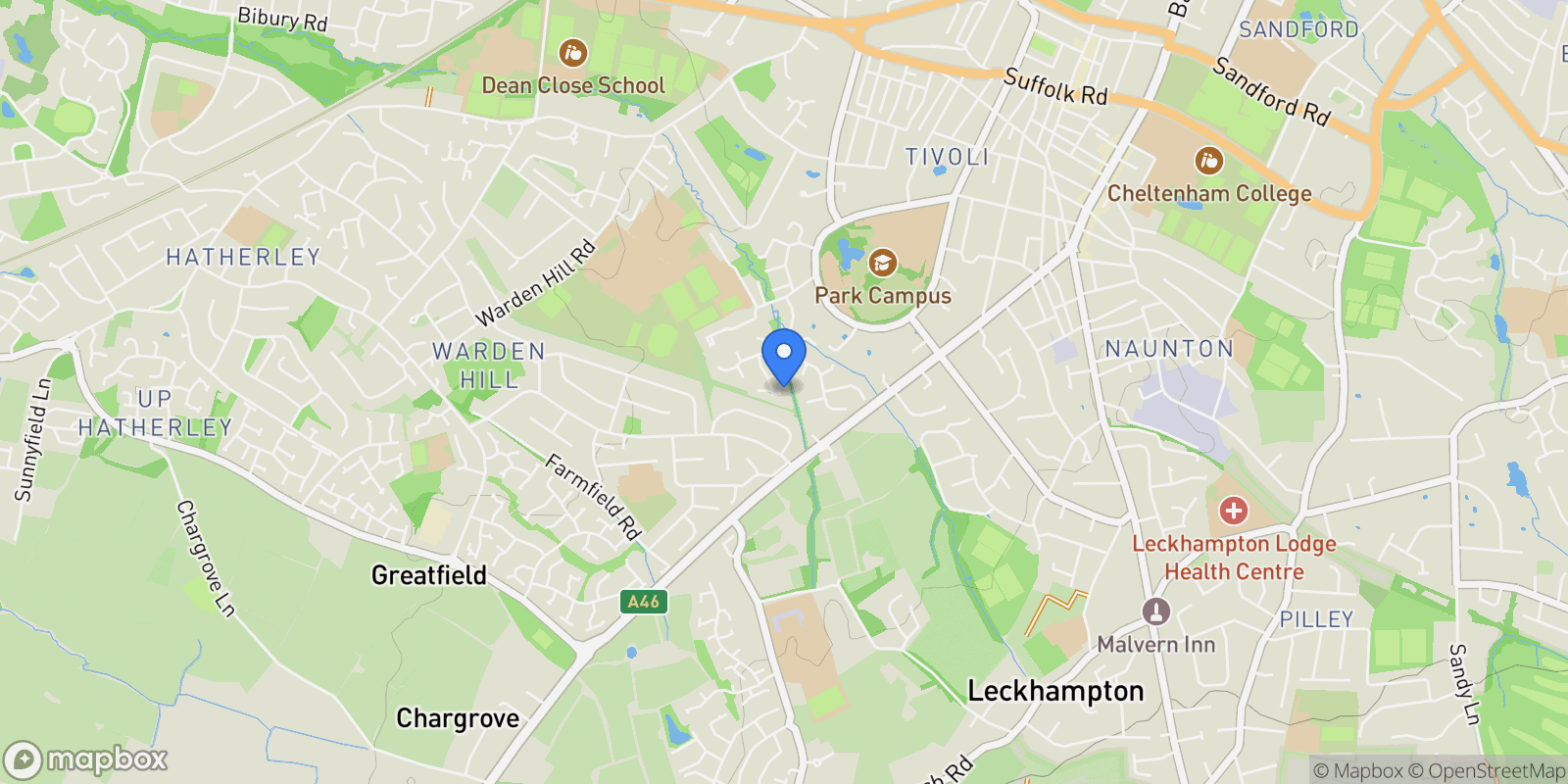 Map showing Cheltenham, England, United Kingdom.