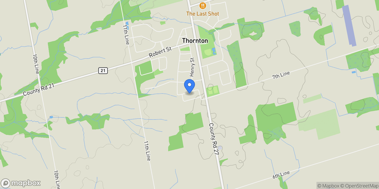 Map showing 39 Mckeown Street, Thornton, Ontario, Canada.