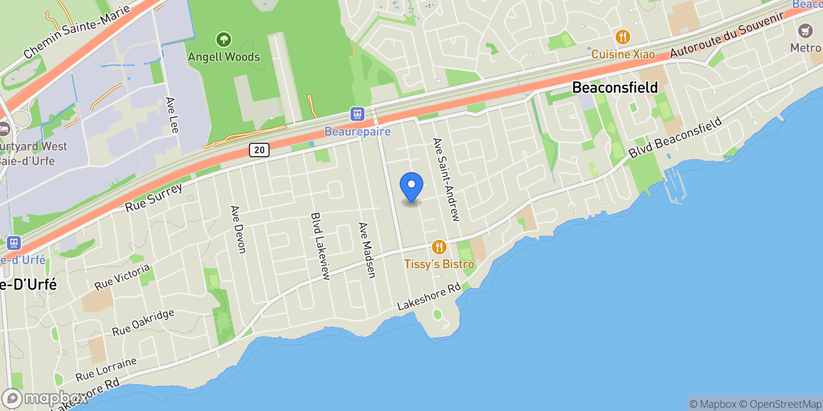 Map showing 84 Av. Fieldfare, Beaconsfield, Quebec, Canada.