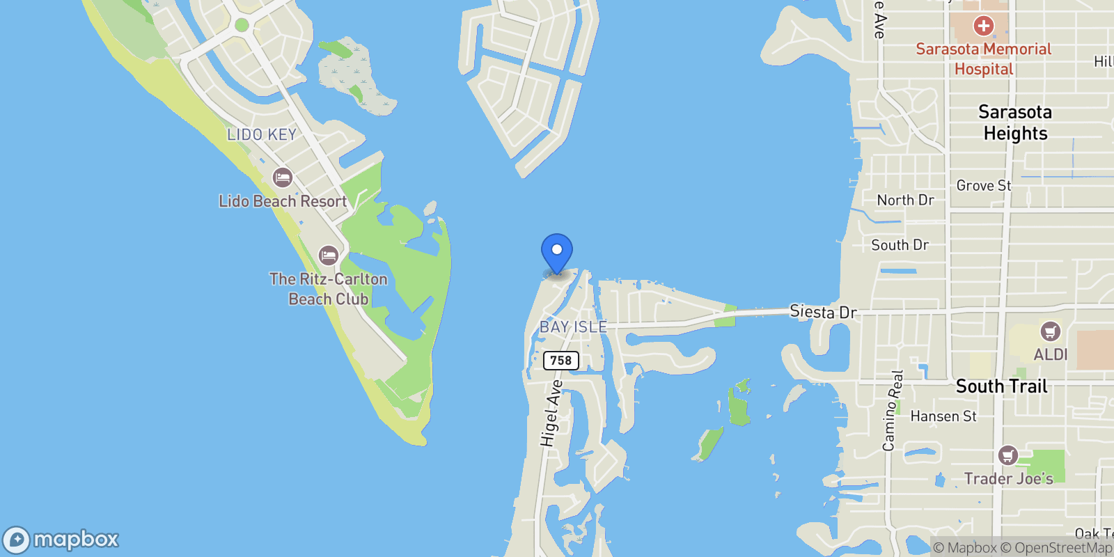 Map showing 21 Lands End Lane, Sarasota, FL 34242, Siesta Key, Florida, United States.