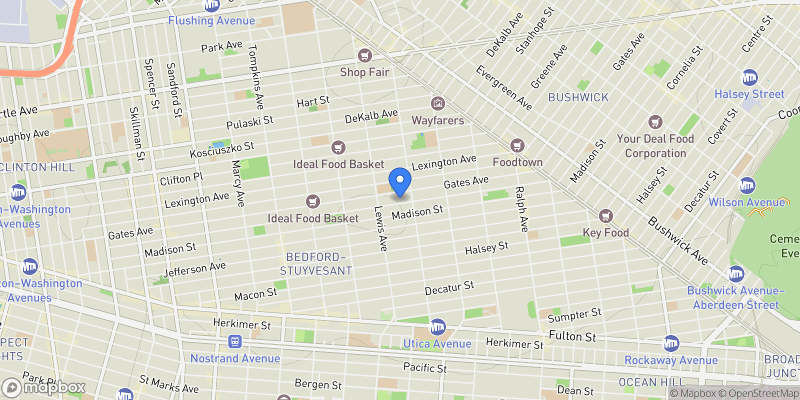 Map showing 569 Monroe Street, Brooklyn, NY 11221, New York, New York, United States.