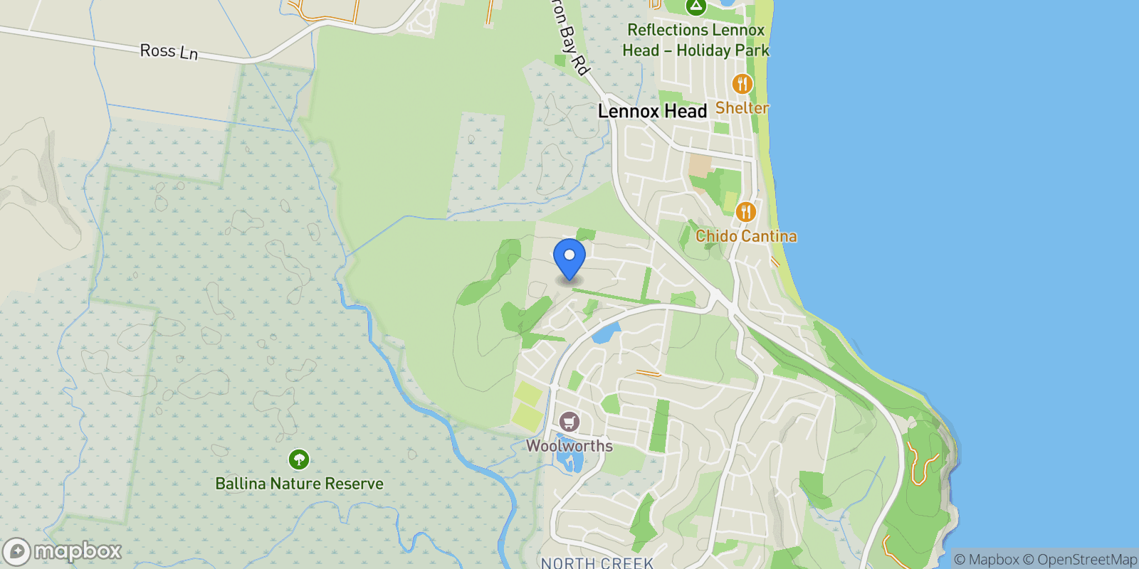 Map showing 6 Angus Kennedy Close, Byron Bay, NSW 2481, Lennox Head, New South Wales, Australia.