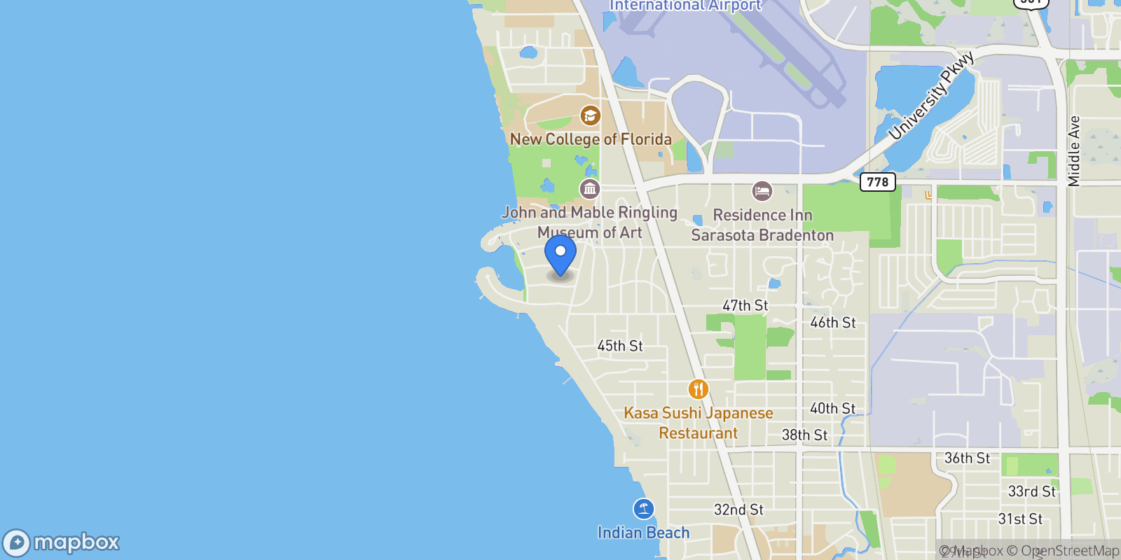 Map showing 457 Woodland Drive, Sarasota, FL 34234, Sarasota, Florida, United States.