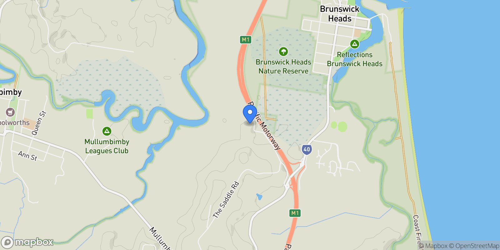 Map showing 73 Bashforths Lane, Byron Bay, NSW 2481, Brunswick Heads, New South Wales, Australia.