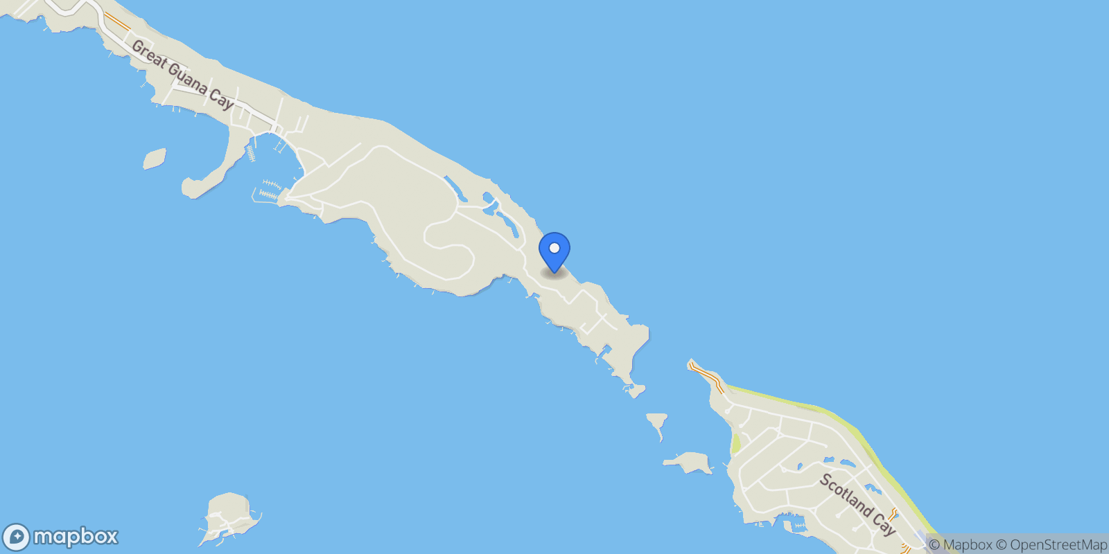 Map showing South End Beachfront , Guana Cay, Great Guana Cay, Hope Town, The Bahamas.