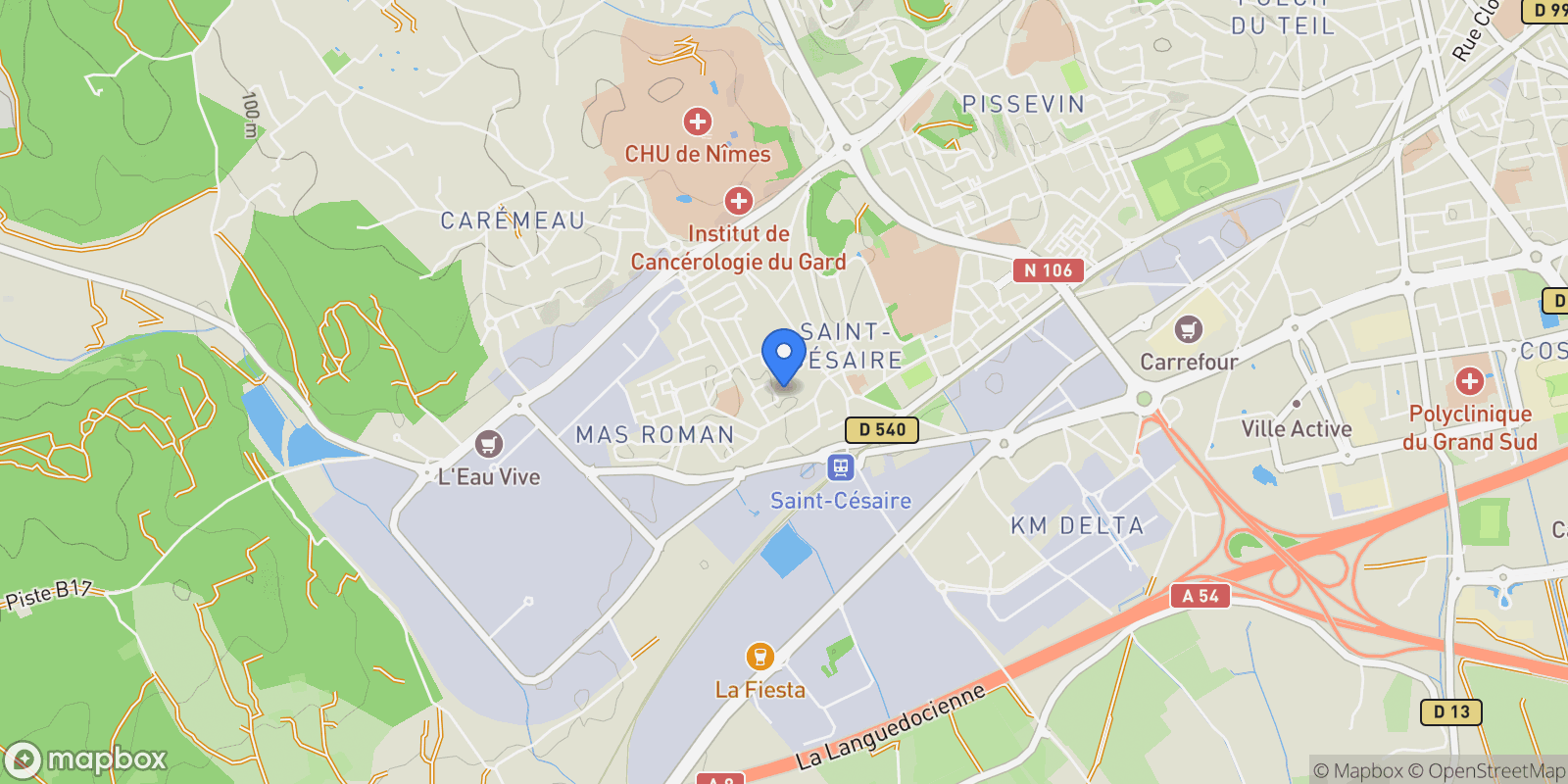 Map showing Nîmes, Occitanie, France.