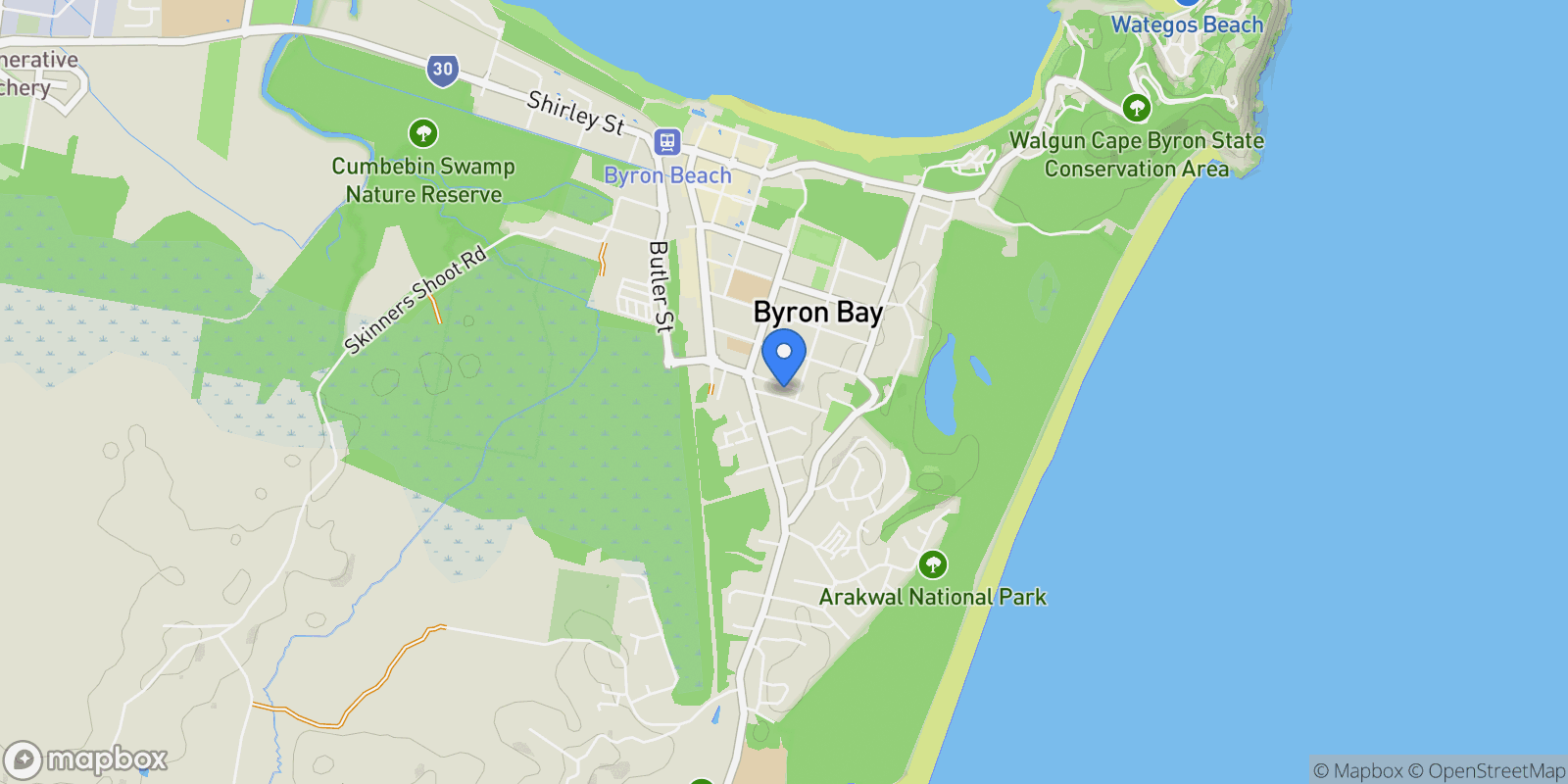 Map showing 30A Browning Street, Byron Bay, NSW 2481, Byron Bay, New South Wales, Australia.