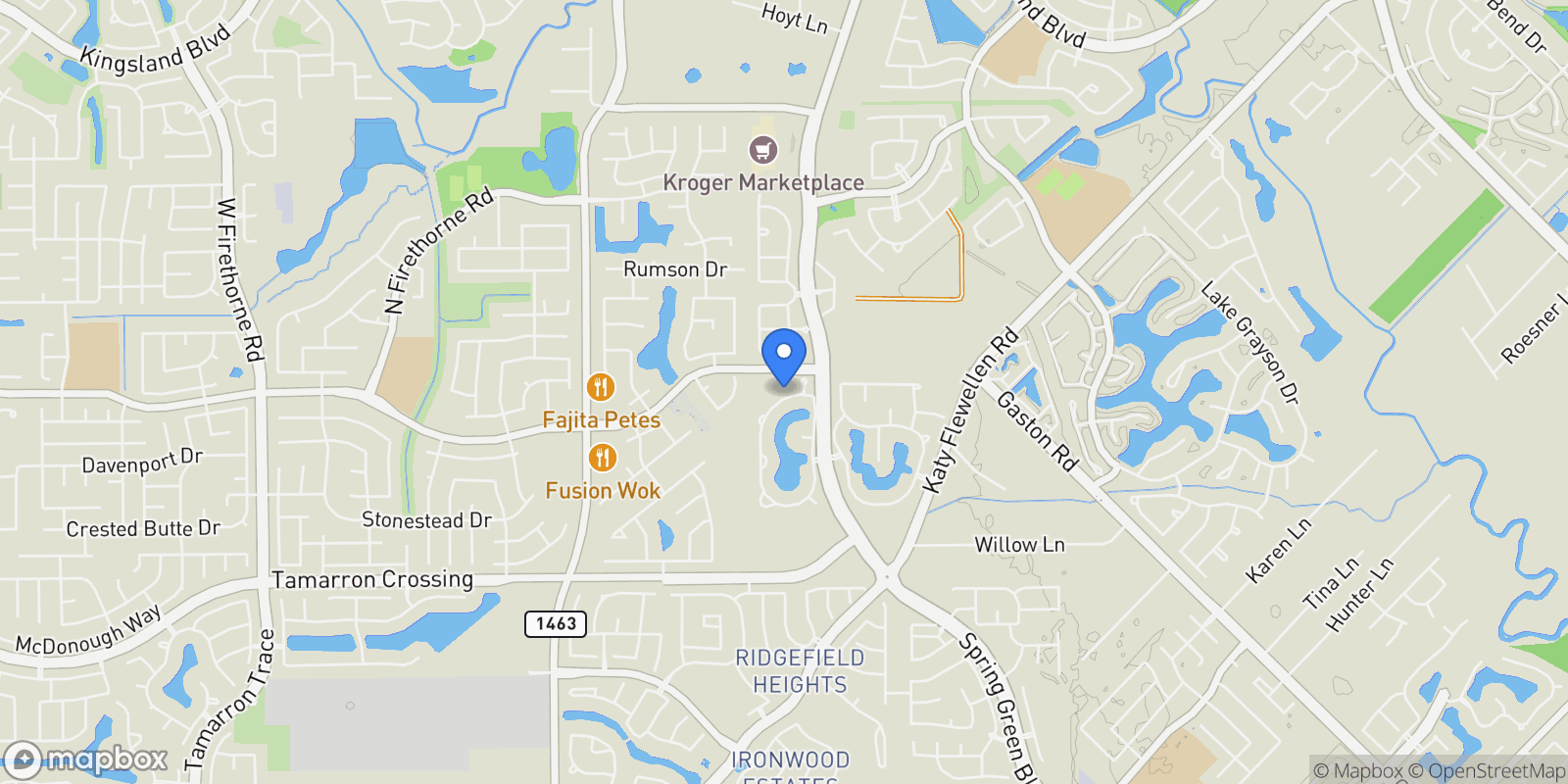 Map showing 2418 Rainflower Meadow Lane, Katy, Texas, United States.