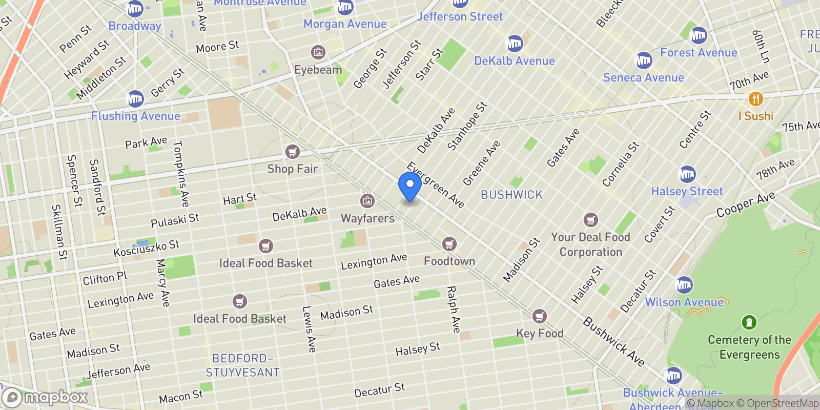 Map showing 27 Kossuth Place 4C, Brooklyn, NY 11221, New York, New York, United States.