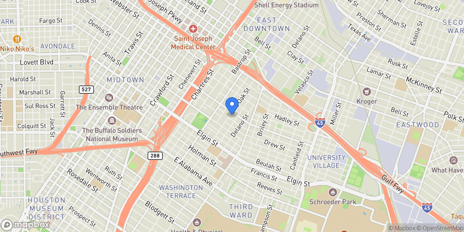 Map showing 2607 Live Oak St, Houston, Texas, United States.
