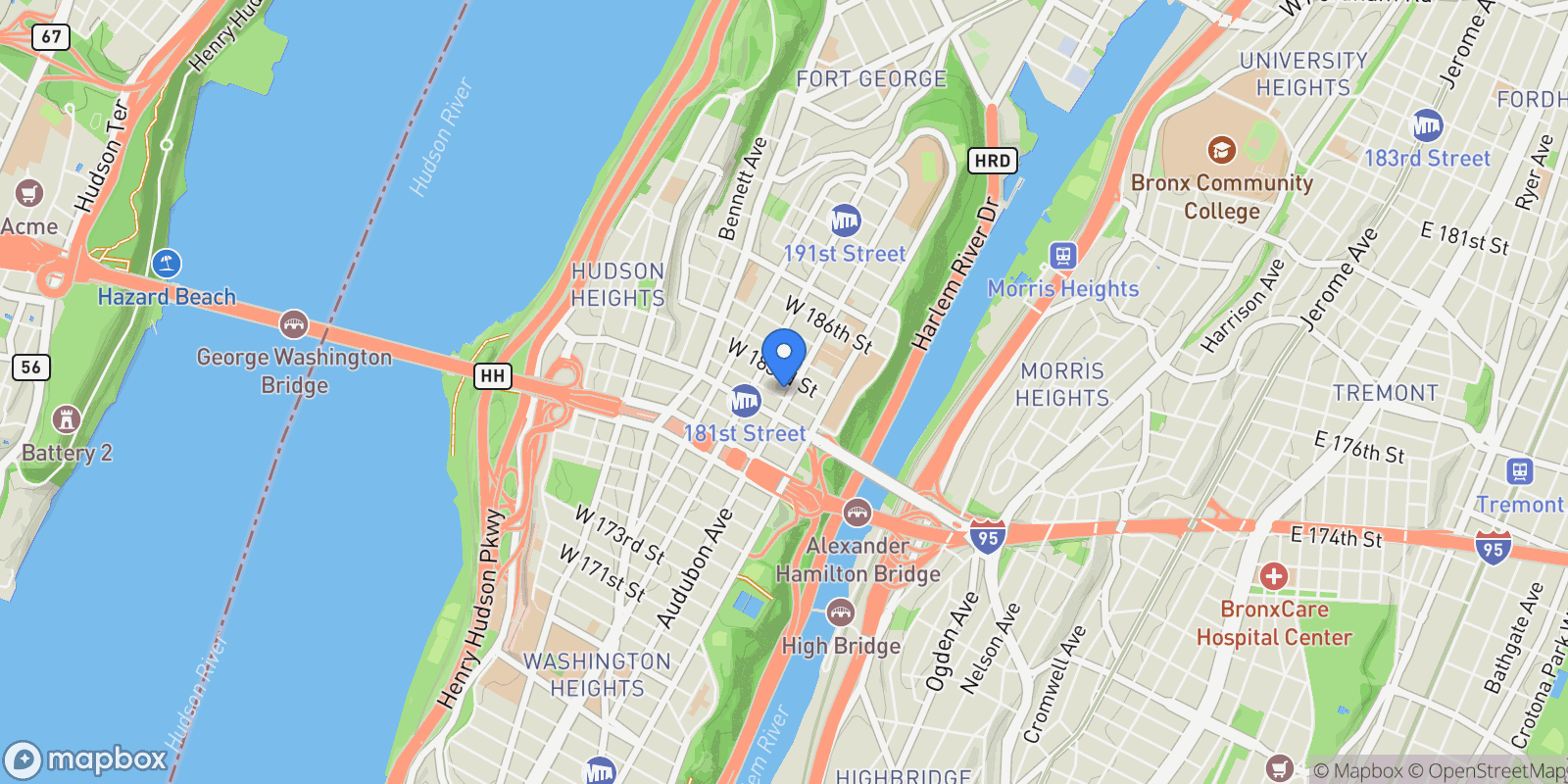 Map showing West 182nd Street, New York, New York, United States.