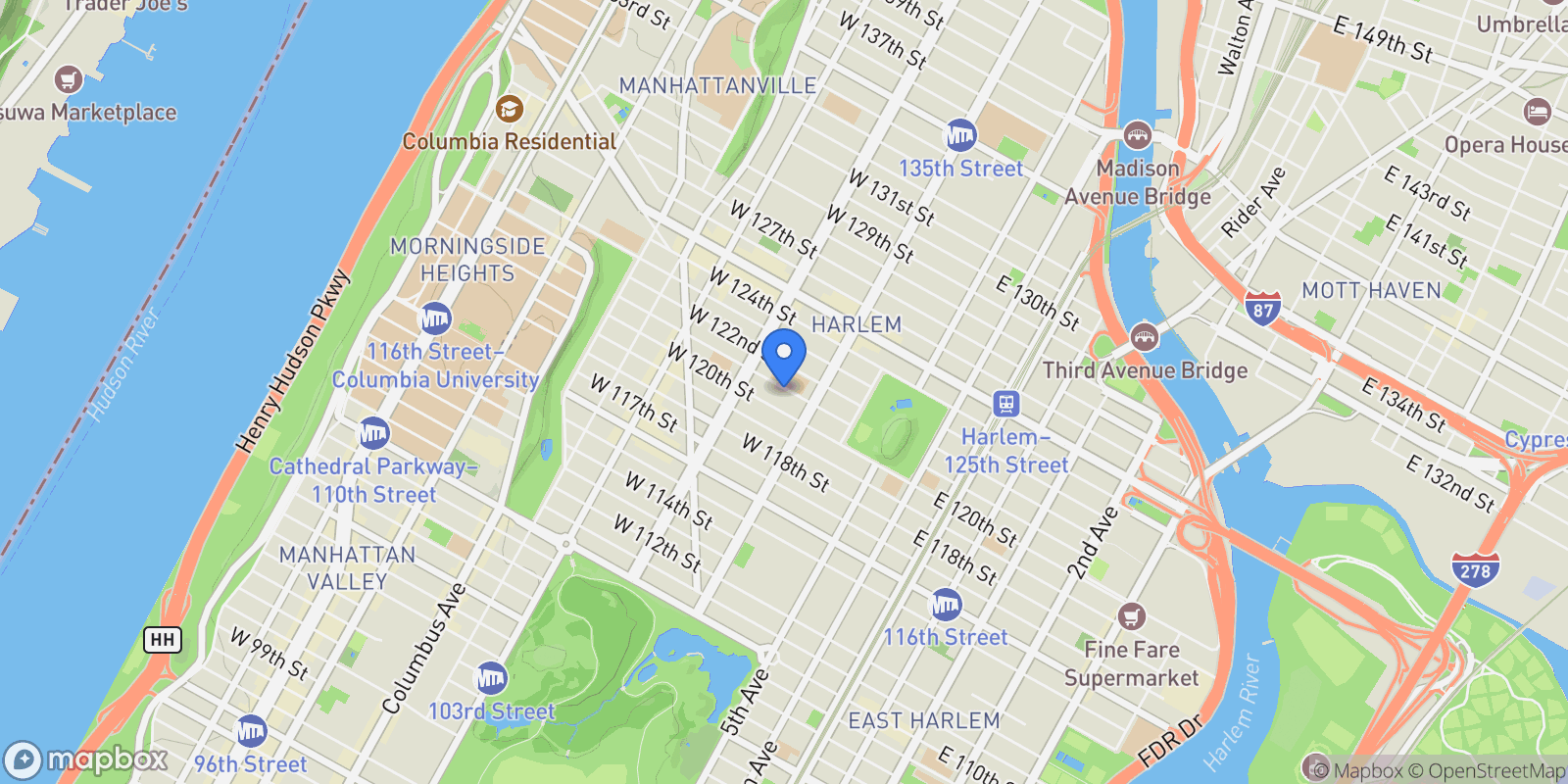 Map showing West 121st Street, New York, New York, United States.