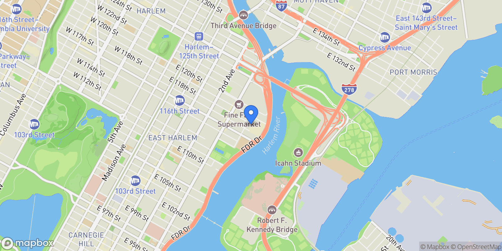 Map showing East 118th Street, New York, New York, United States.