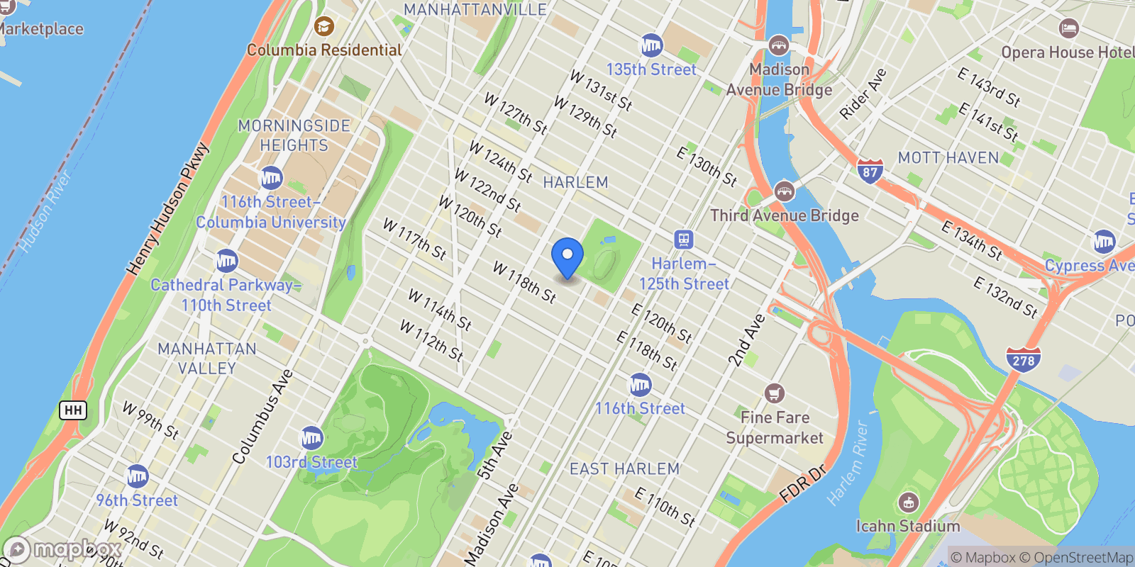 Map showing WEST 119TH STREET, New York, New York, United States.