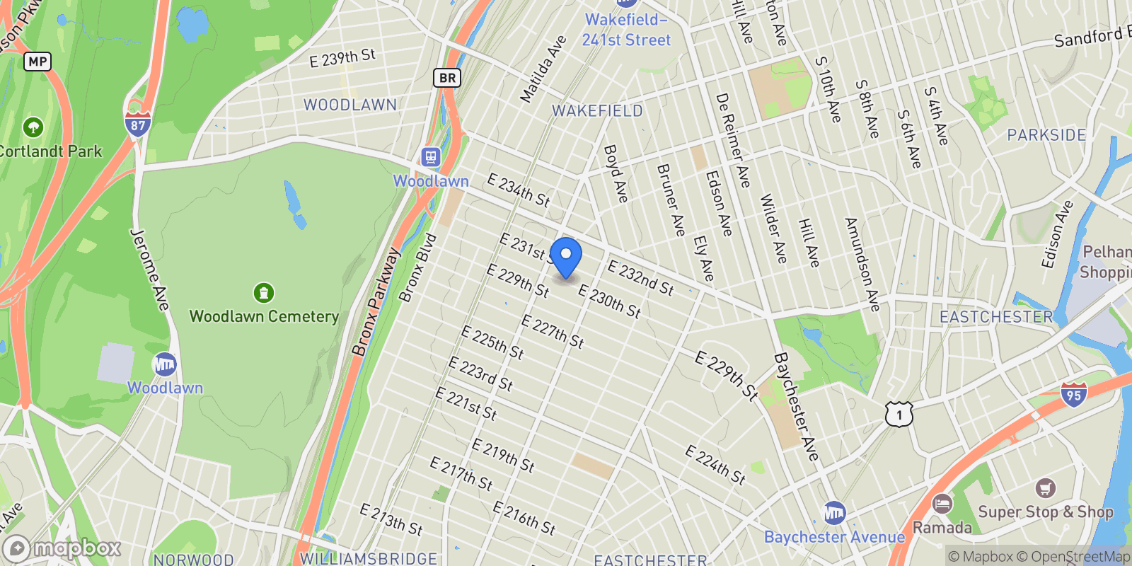 Map showing East 230th Street, New York, New York, United States.