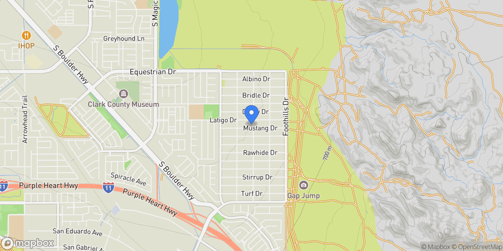 Map showing 1590 Mustang Drive, Henderson, NV 89002, Henderson, Nevada, United States.