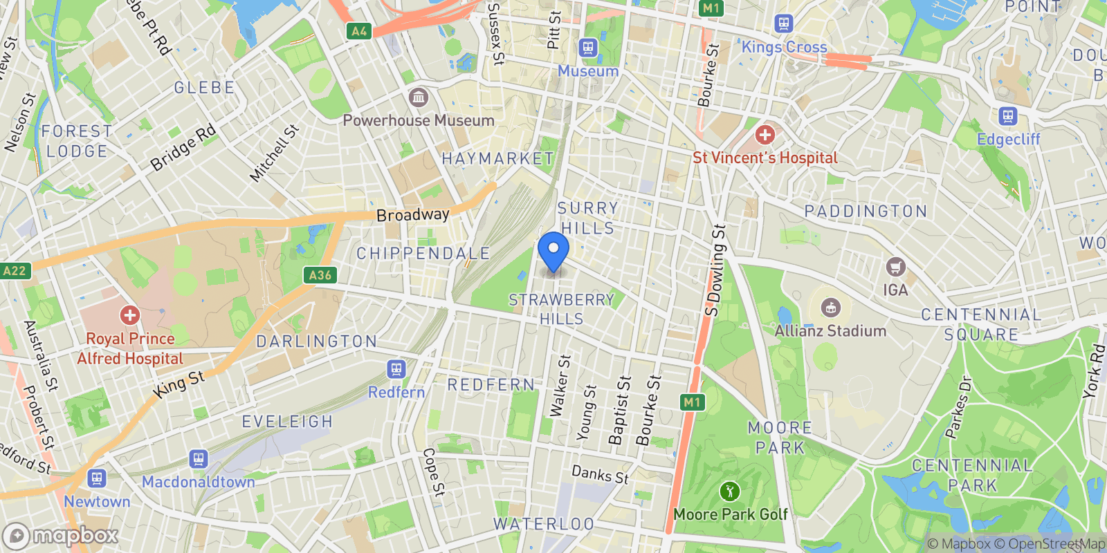 Map showing 491-493 Elizabeth Street, Surry Hills, Sydney, NSW 2010, Sydney, New South Wales, Australia.