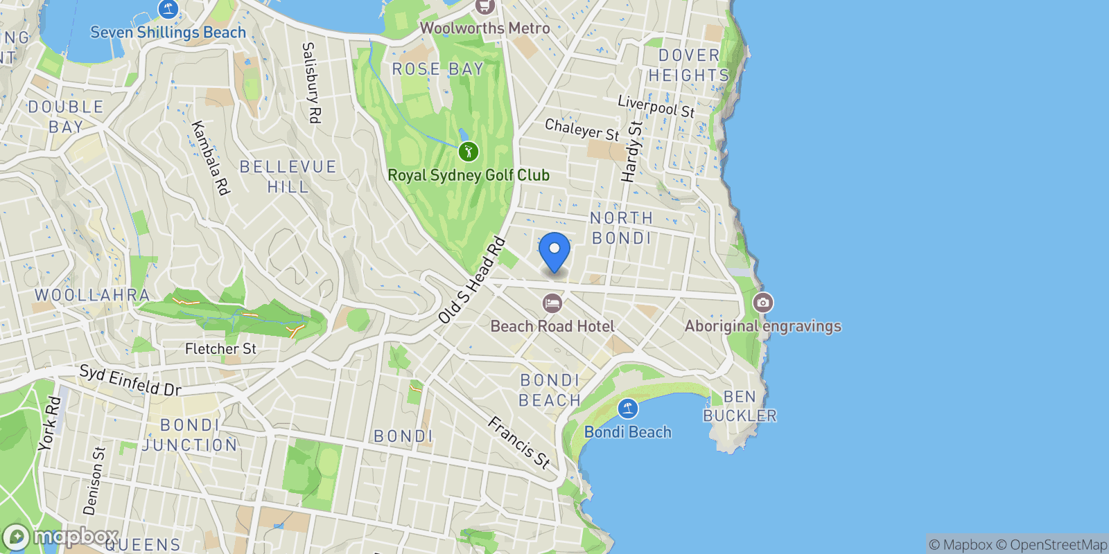 Map showing 56 Warners Avenue, North Bondi, NSW, Bondi Beach, New South Wales, Australia.