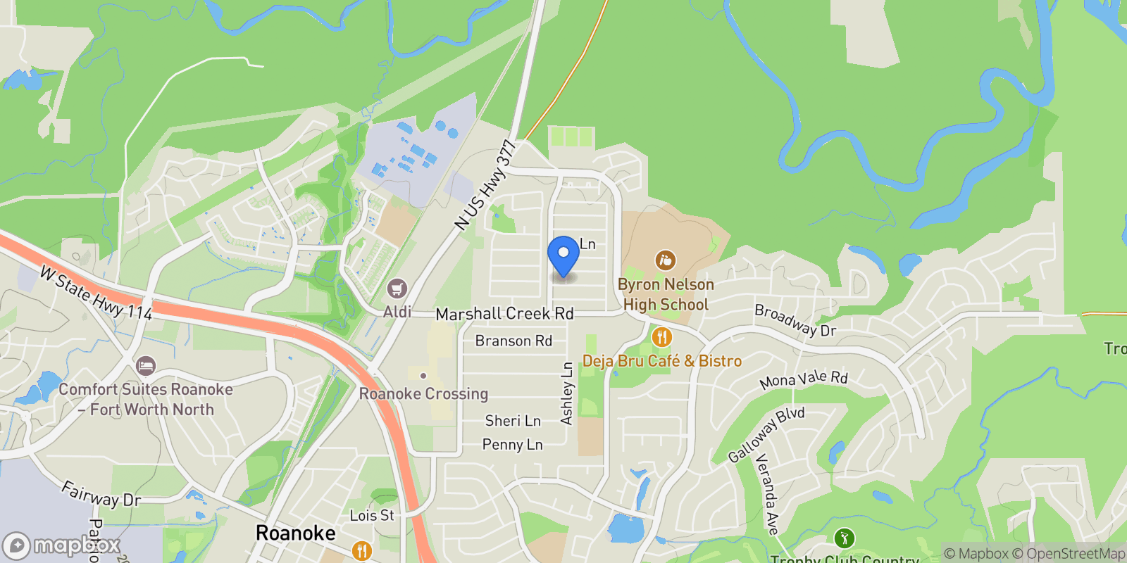Map showing 132 Texas Ash Drive, Roanoke, Texas, United States.