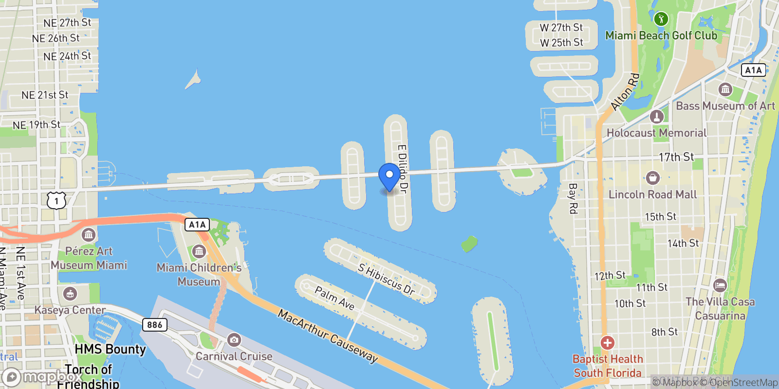 Map showing 228 + 302 W Dilido Dr, Miami Beach, Florida, United States.