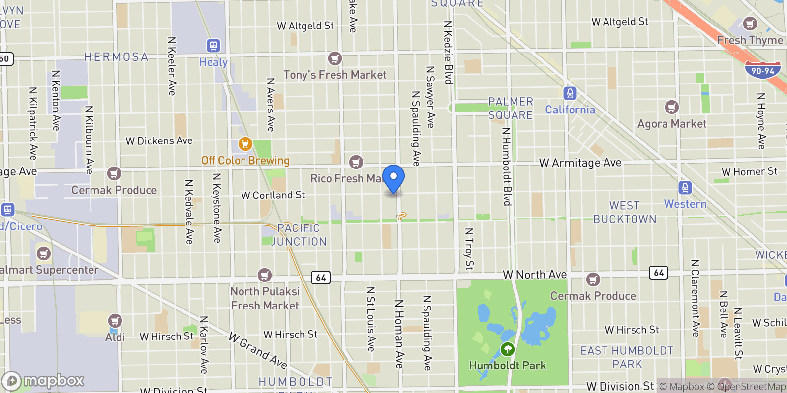 Map showing 3409 W CORTLAND Street, Chicago, Illinois, United States.