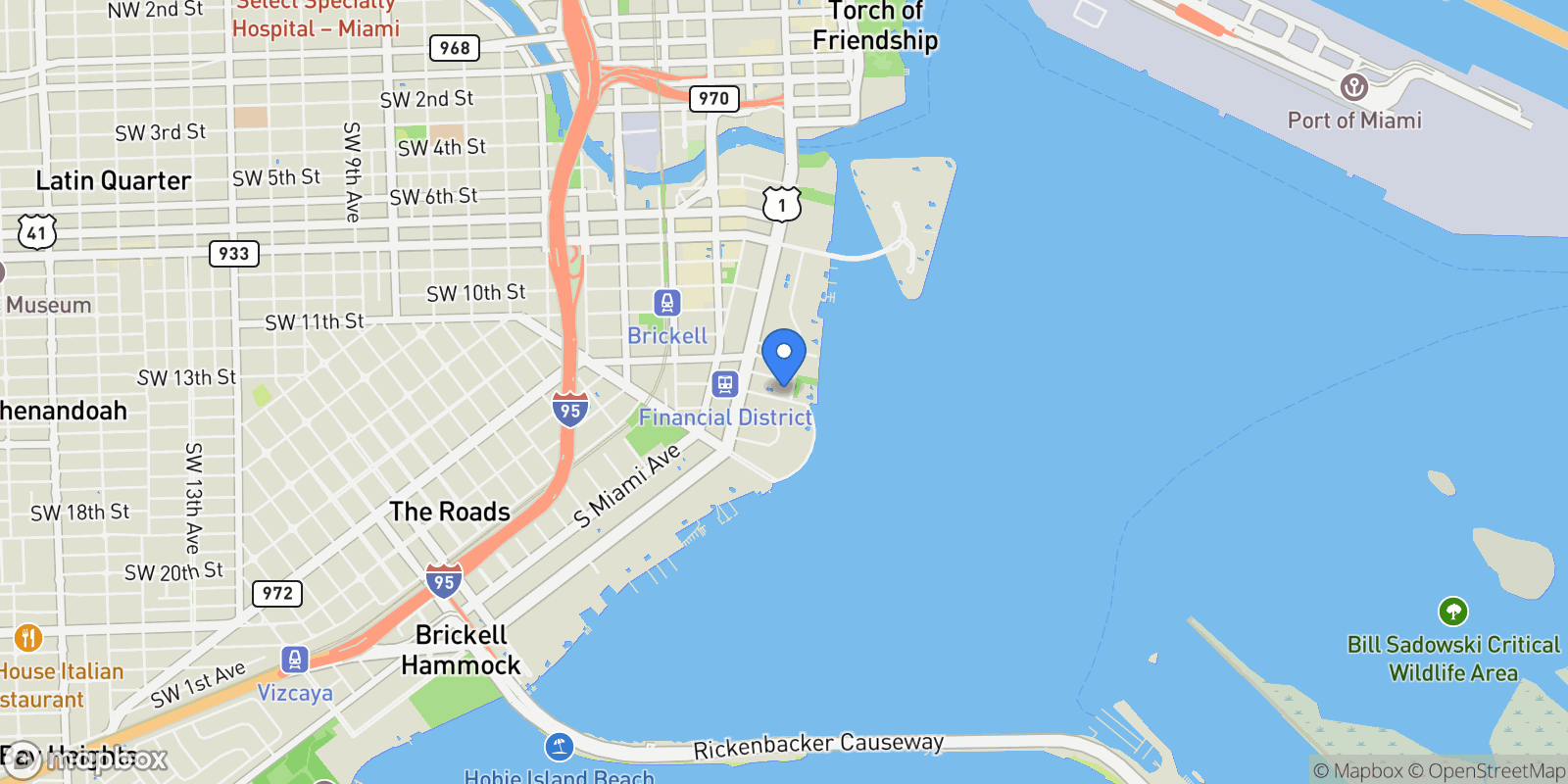 Map showing 1300 Brickell Bay Dr 4401, Miami, Florida, United States.