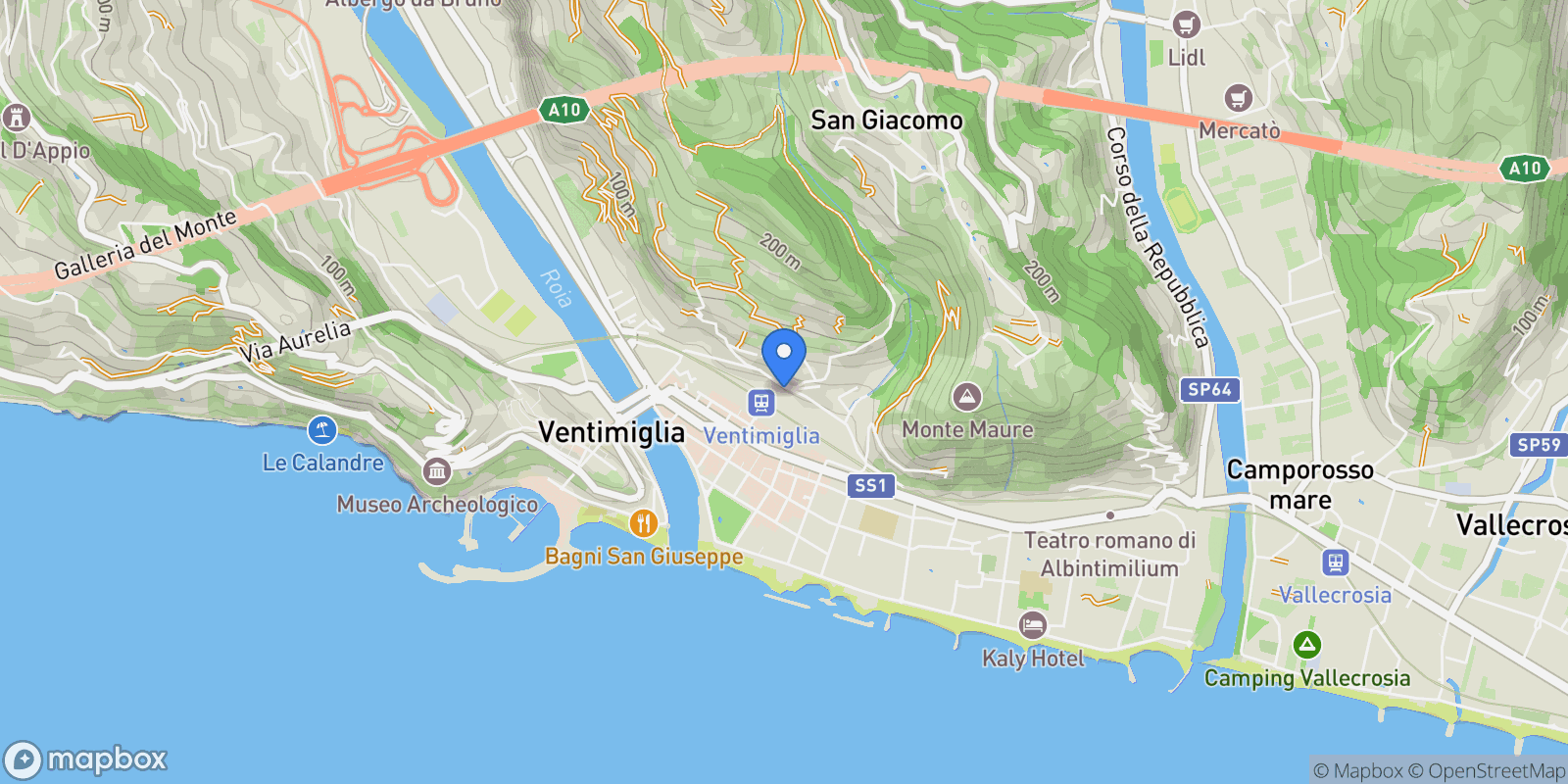 Map showing Ventimiglia, Liguria, Italy.