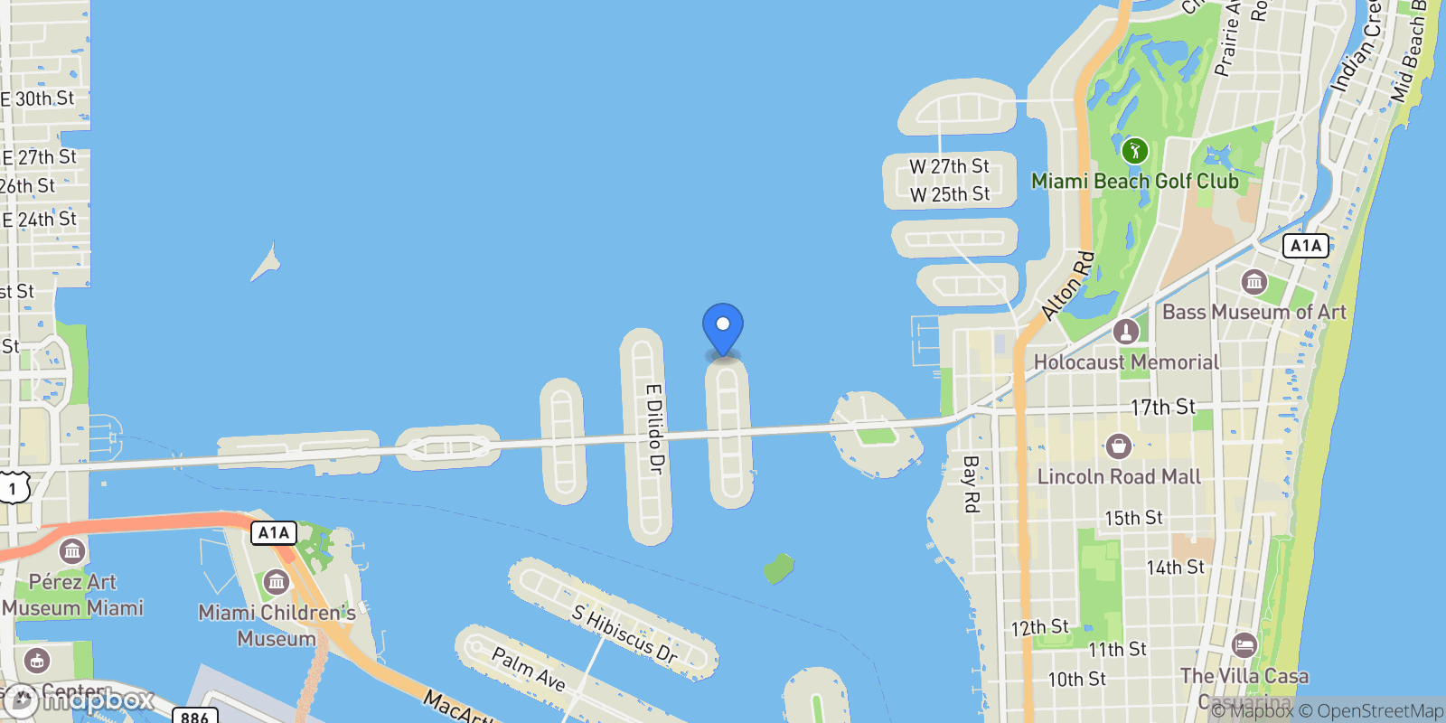 Map showing 444 W Rivo Alto Dr, Miami Beach, Florida, United States.