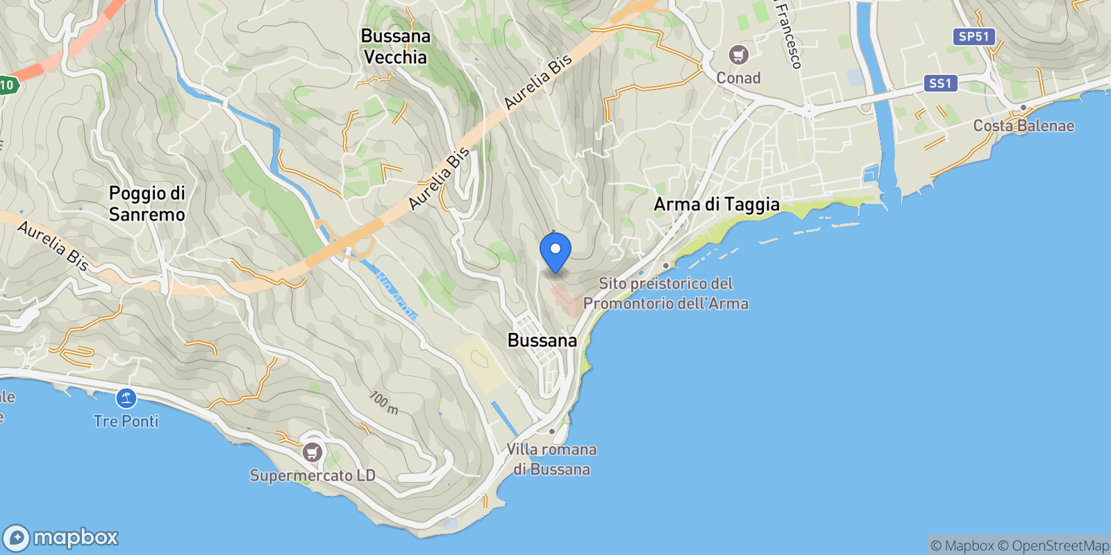 Map showing Bussana Vecchia, Liguria, Italy.