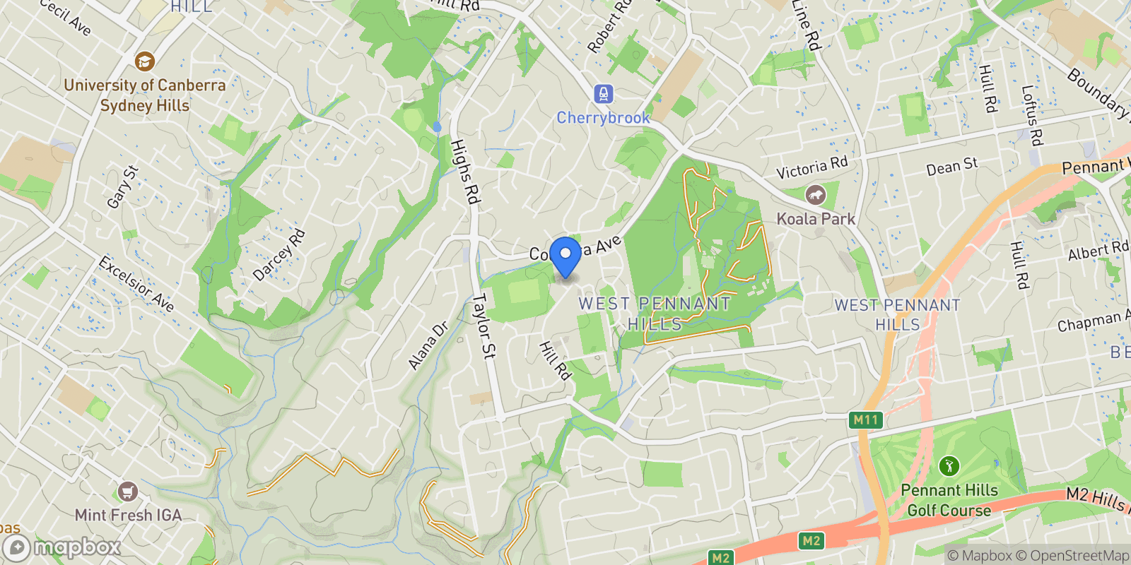 Map showing Sydney, NSW 2125, West Pennant Hills, New South Wales, Australia.