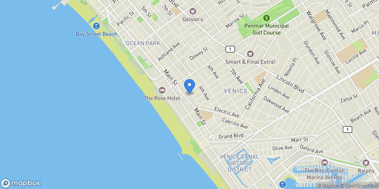 Map showing 615 Hampton Drive A102, Los Angeles, California, United States.