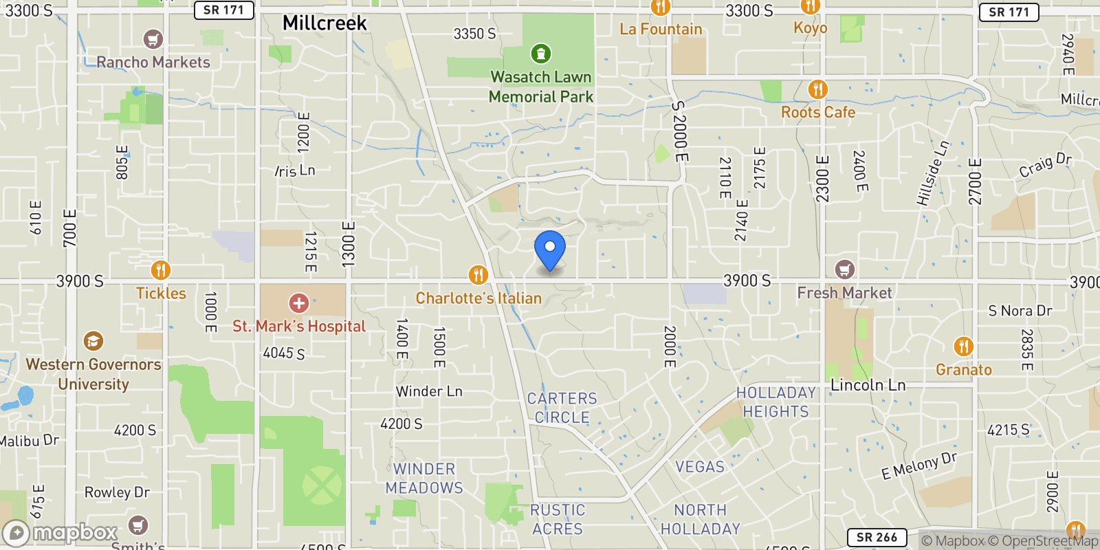 Map showing 1801 E 3900 S, Holladay, Utah, United States.
