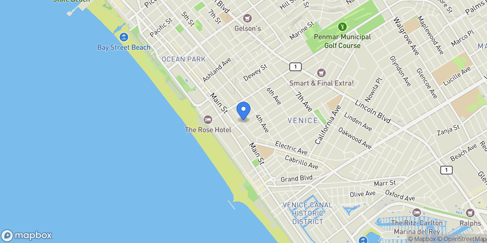 Map showing 615 Hampton Drive A309, Los Angeles, California, United States.