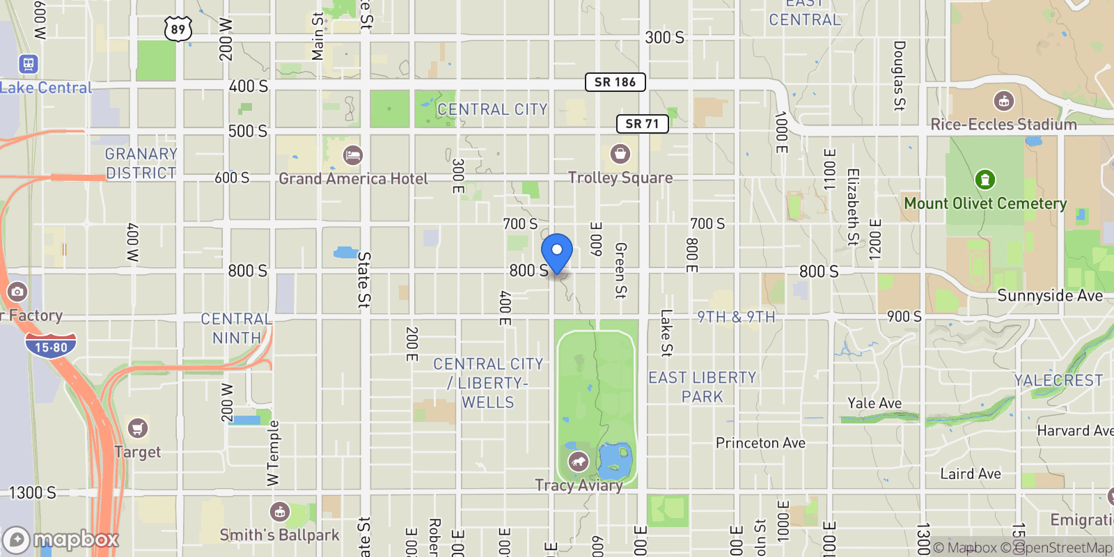Map showing 807 S 500 E, Salt Lake City, Utah, United States.