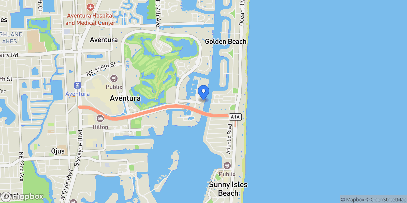 Map showing 19555 NE 37th Ave, Aventura, Florida, United States.