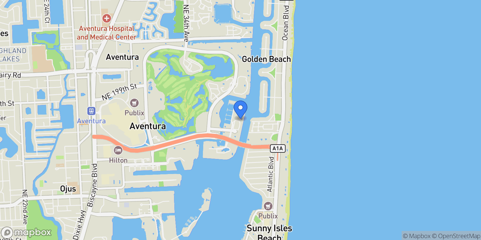 Map showing 19667 Turnberry Way, Aventura, Florida, United States.